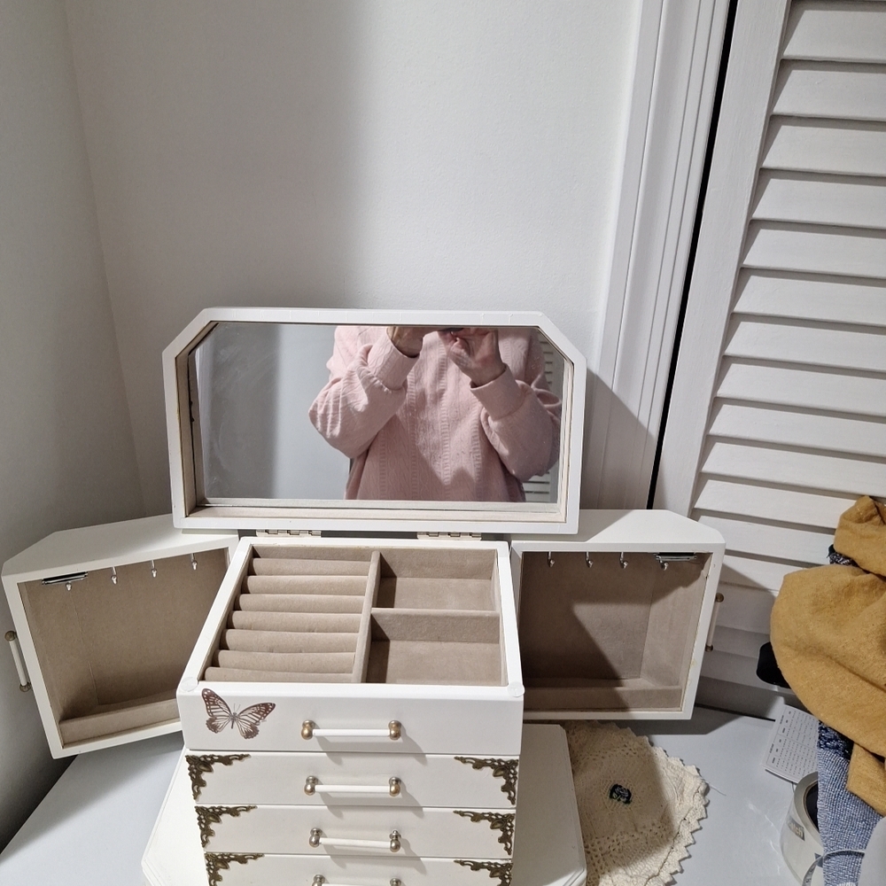 White Floral Jewelry Organizer Box with Drawers and Gold Accents - Picture 2 of 7